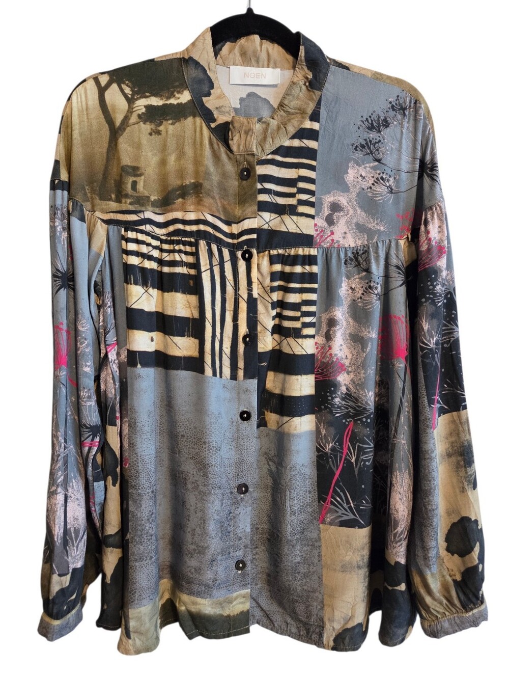 Noen Patchwork Print Mandarin Collar Button Up Long Sleeves Top Sz 4 Artsy Boho